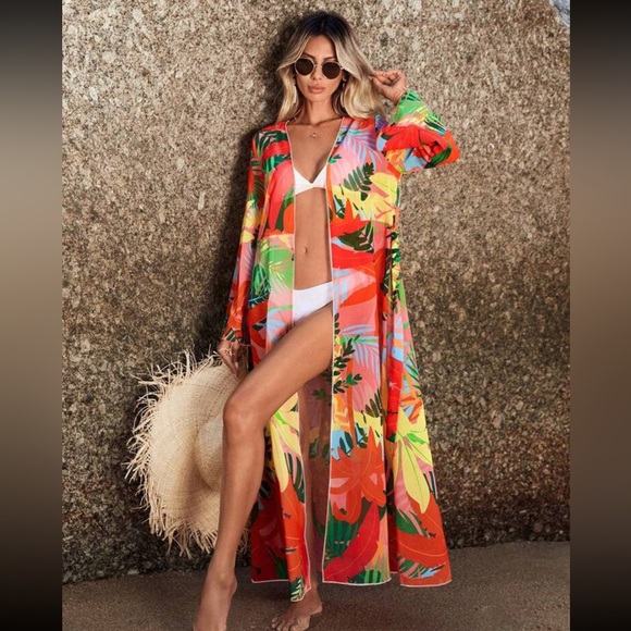 Swim Vcay Tropical Print Belted Kimono - Picture 3 of 5